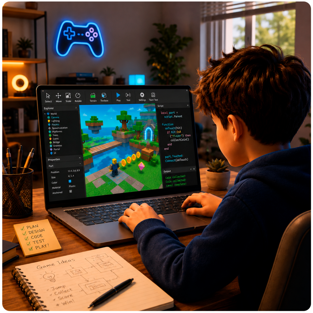 Child learning Roblox coding online